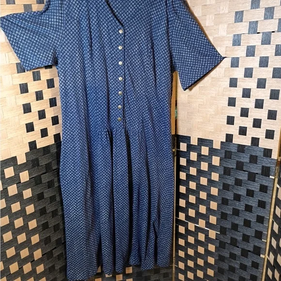 90s Vintage Dress Barn Elisabeth Blue Ditsy Floral Midi Dress 100% Cotton Size 3 - Picture 3 of 11
